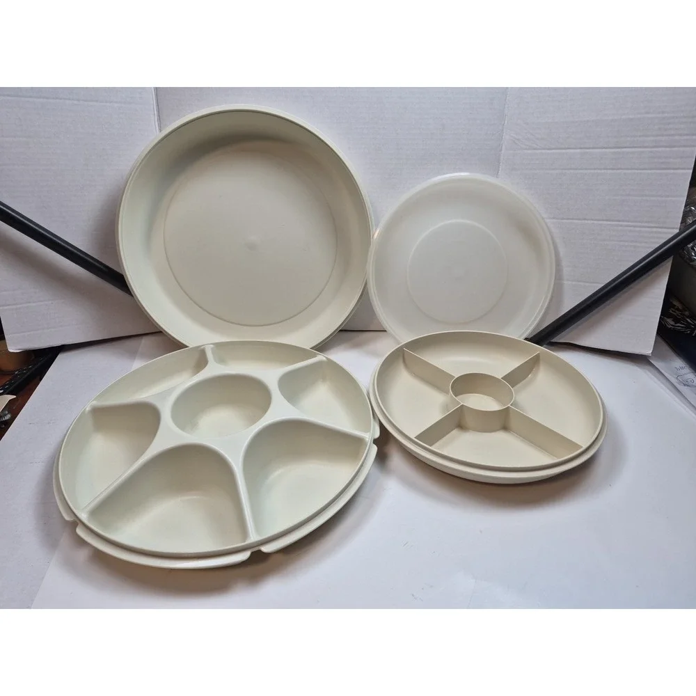 Vintage Tupperware (2)‎ Divided Trays with Lids Almond Cream Serving Set